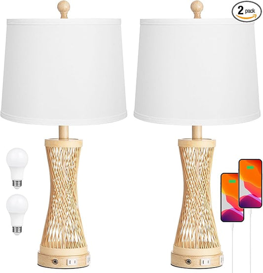 24.4”Farmhouse Rattan Table Lamps Set of 2, Touch Bedside Lamps for Bedroom with 3-Way Dimmable Night Light, USB A+C Charging Ports, Bamboo Boho Nightstand Lamps, White, W04TC05 - Bloomnest