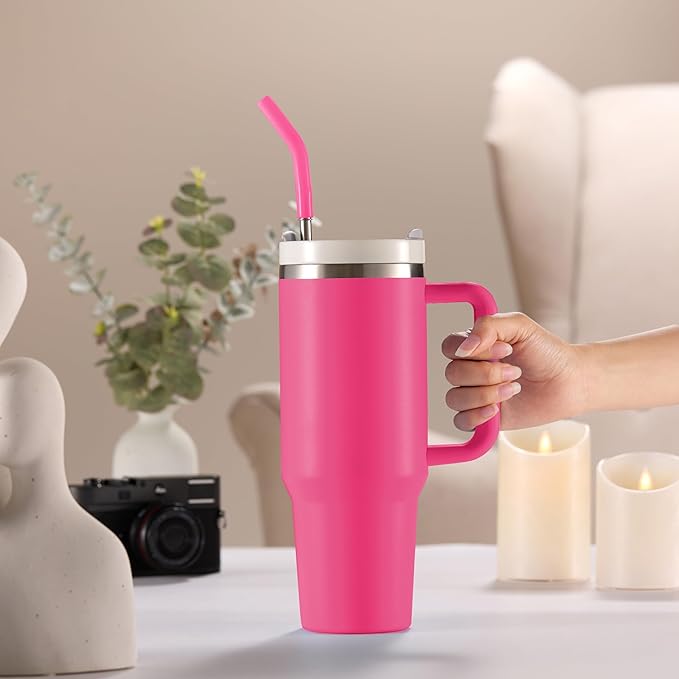 KooK Stainless Steel Tumbler, with Straw and Handle, Leakproof, Vacuum Insulated Travel Coffee Mug, Reusable Double Walled Water Bottle, Keeps Hot or Cold, 40 oz, Bubblegum Pink - Bloomnest