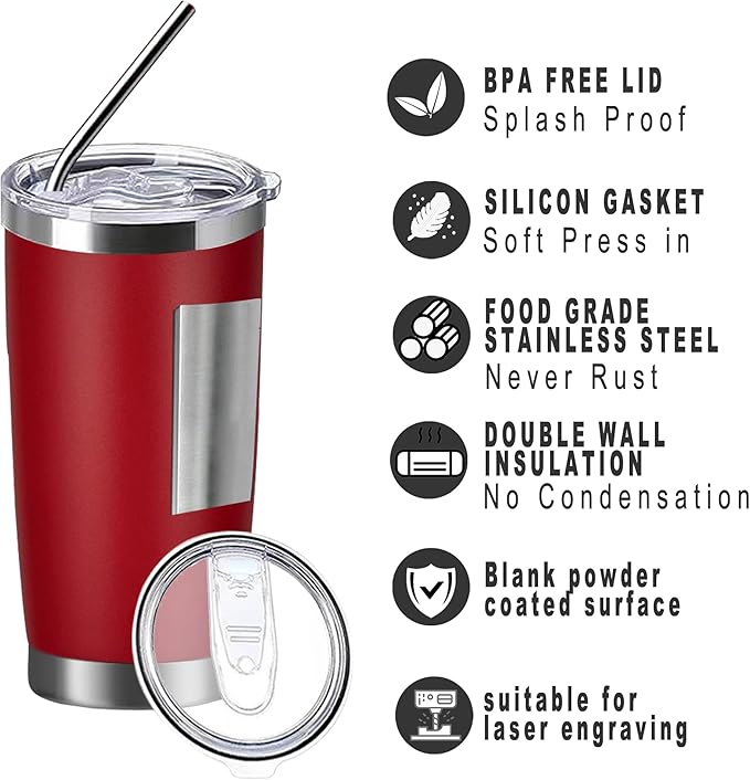 20oz insulted tumblers stainless steel cup Tumbler Bulk with push Lid, and metal straw powder coated coffee cup for cold and hot drinking (12, red) - Bloomnest