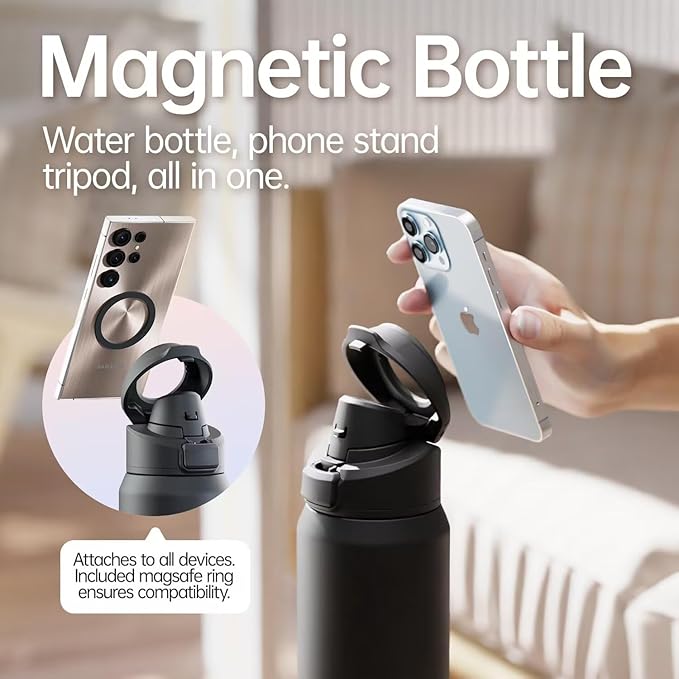 Insulated Magnetic Water Bottle - Reusable Stainless Steel Bottle with MagSafe Compatible Phone Holder - Keeps Cold for 24 Hours - Perfect for Gym, Sports, and Travel - Black 24oz Magcheer