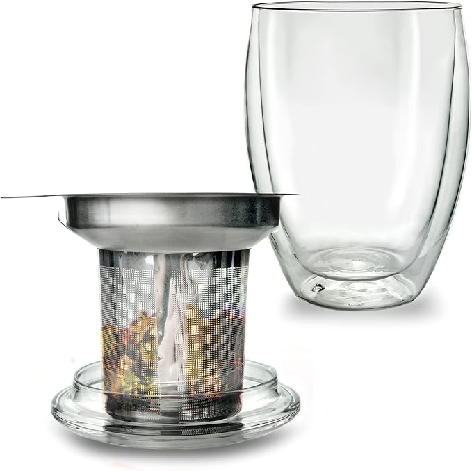 Creano Double Walled Tea Glass with Stainless Steel Filter and Glass Lid - 14oz (400ml) - Bloomnest