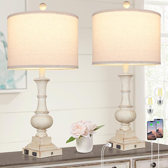 26" Farmhouse Table Lamps Set of 2, Rustic Touch Control Bedside Lamps with 2 USB Ports & AC Outlet, Vintage White Resin 3-Way Dimmable Nightstand Lamp Linen Fabric Shade for Living Room Bedroom Decor - Bloomnest