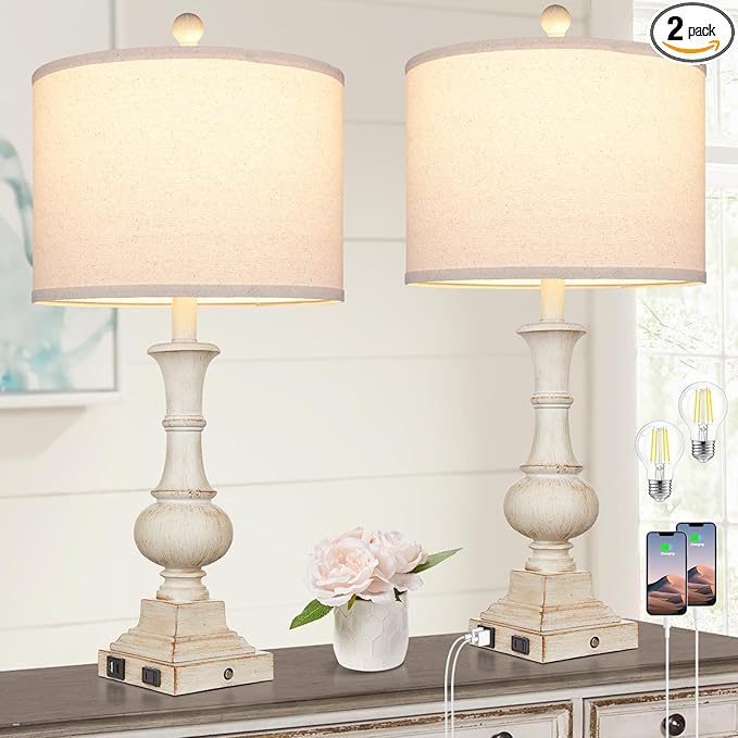 26" Farmhouse Table Lamps, Table Lamps For Living Room Set of 2 with USB A+C Ports & AC Outlet, Vintage Rustic Touch Control 3-Way Dimmable Boho Nightstand Lamp White Washed Resin for Bedroom Deocr - Bloomnest