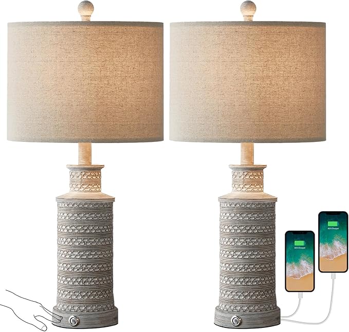 BOBOMOMO 3-Way Dimmable Touch Control Table Lamp Set of 2 with Dual USB Charging Ports for Bedroom Living Room Vintage Rustic Farmhouse Traditional Nightstand Bedside Lamps(Bulbs Included) - Bloomnest