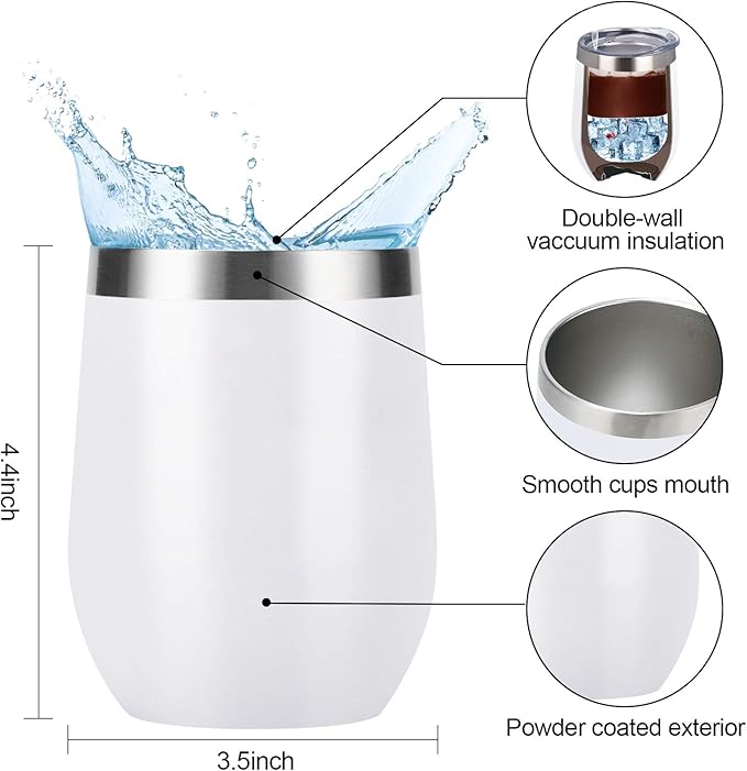 6 Pack Stainless Steel Wine Tumblers, 12Oz Insulated Wine Tumbler, Double Wall Insulated Wine Glass, Stainless Steel Stemless Wine Cups with Lids for Coffee, Wine, Cocktails, Champaign, White - Bloomnest