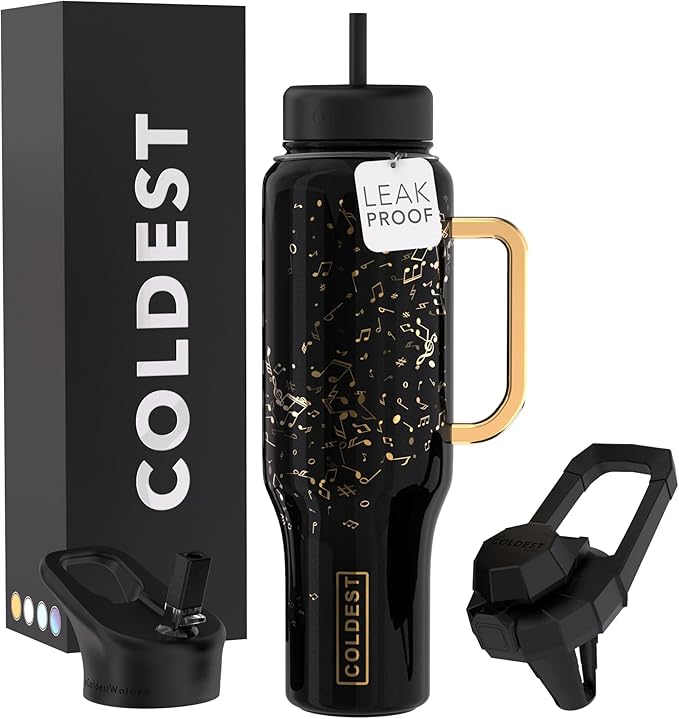 Coldest Tumbler with Handle and Straw - 100% Leak Proof Insulated Tumbler with Lid and Straw (3 Lids) - Stainless Steel Tumblers for Women & Men - Cup Holder Friendly Base, 46 oz (The Musician) - Bloomnest