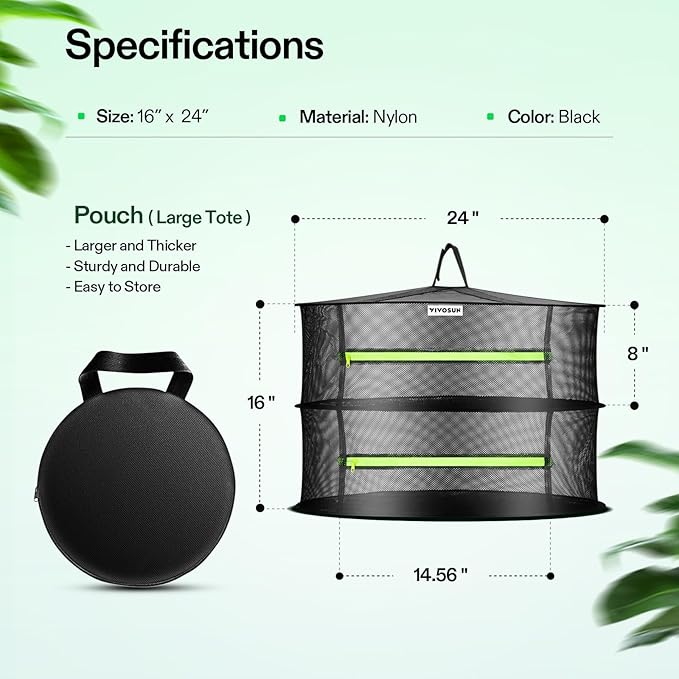 VIVOSUN 2-Layer Mesh Drying Rack Hanging Design with Green Zippers for Dehydrating, Indoor and Outdoor Pruning Shears Included - Bloomnest