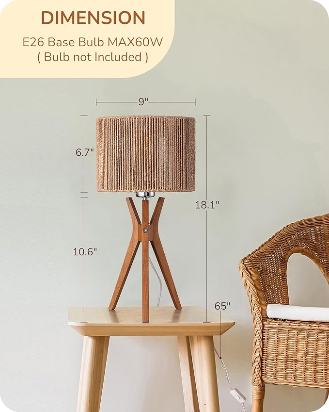 EDISHINE 17.5" Rattan Table Lamp, Wood Bedside Lamp with Handmade Paper Rope Woven Lampshade, Nightstand Lamp for Living Room, Bedroom, E26 Base, ON-Off Switch - Bloomnest