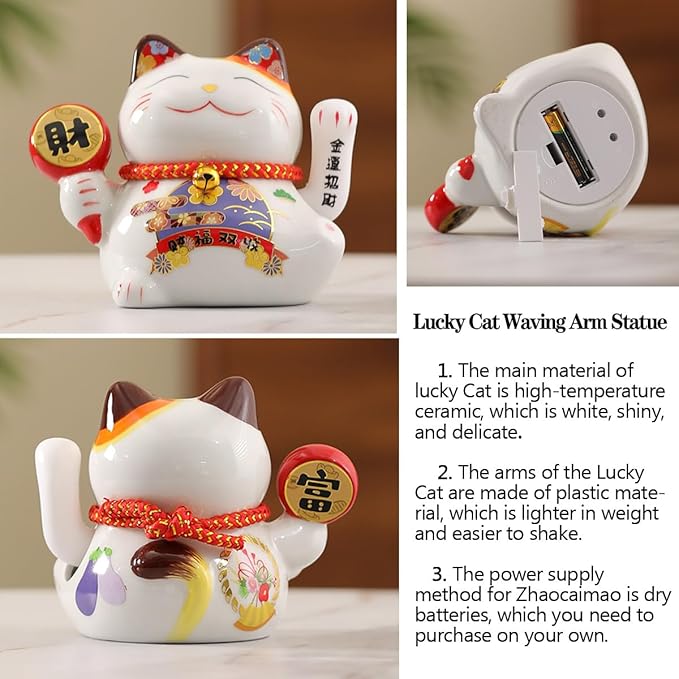 Desk Waterfall Fountain Indoor with Chinese Ceramic Lucky Cat Waving Arm Figurine,Tabletop Mini Water Fountain Decoration with Mist，Adjustable LED Light Ring and Backflow Incense Burner Holder - Bloomnest