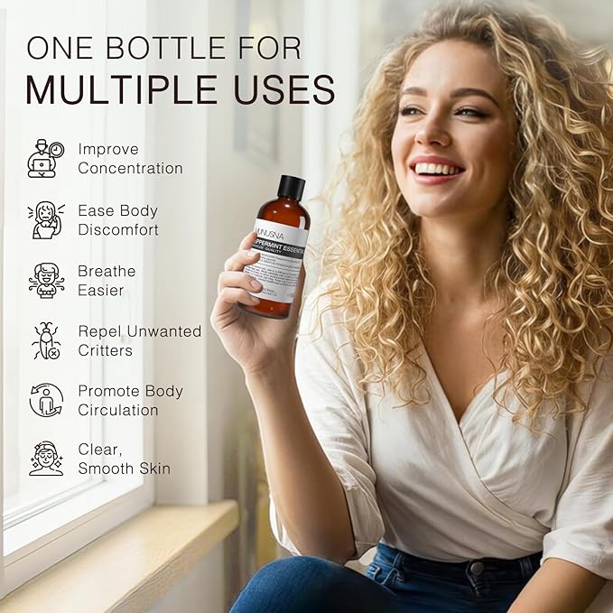 Peppermint Essential Oil, 100% Pure & Natural Peppermint Oil 100ML, Premium Grade Aromatherapy Oil for Skin Body Hair Care, Freshening Air, Mood, Diffuser, Massage, Soap and Candle Making - Bloomnest