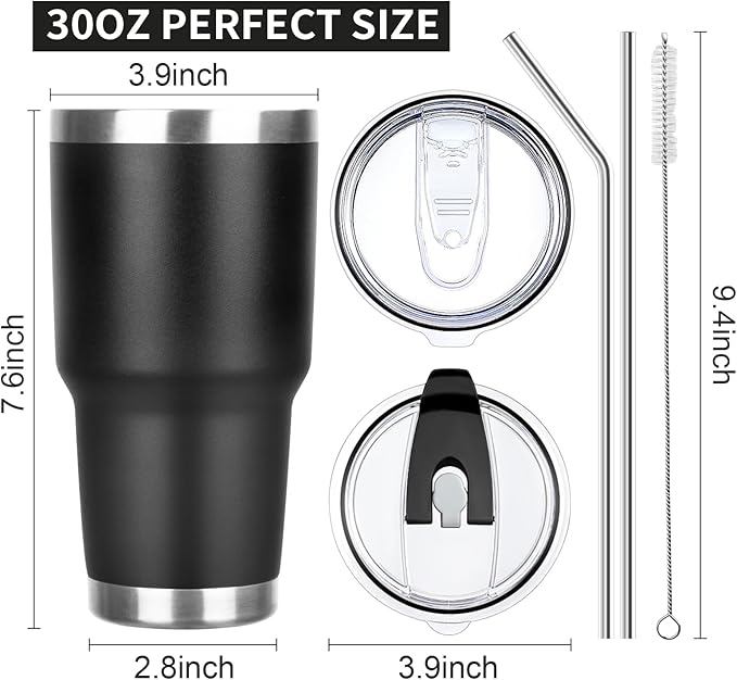 30 oz Tumbler with Lids and Straws Double Wall Vacuum Insulated Tumbler Cup,Stainless Steel Leak-proof Thermal Tumbler Powder Coated Travel Coffee Mug for Cold and Hot Drinks,Black - Bloomnest
