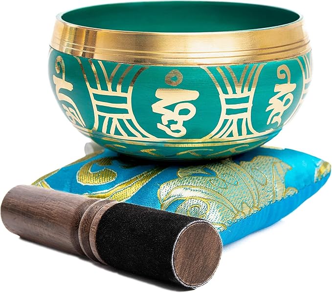 Tibetan Singing Bowl Set - Authentic Handcrafted Mindfulness Meditation Holistic Sound 7 Chakra Healing by Himalayan Bazaar (Turquoise) - Bloomnest
