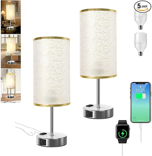 Table Lamp for Bedroom with Touch Control,Bedside Lamp with USB C+A Charging Ports& AC Outlets, Adjustable 3color LED Light for Home Decor/Nightstand/Bedroom/Office,Included Bulb and Fabric Lamp Shade - Bloomnest