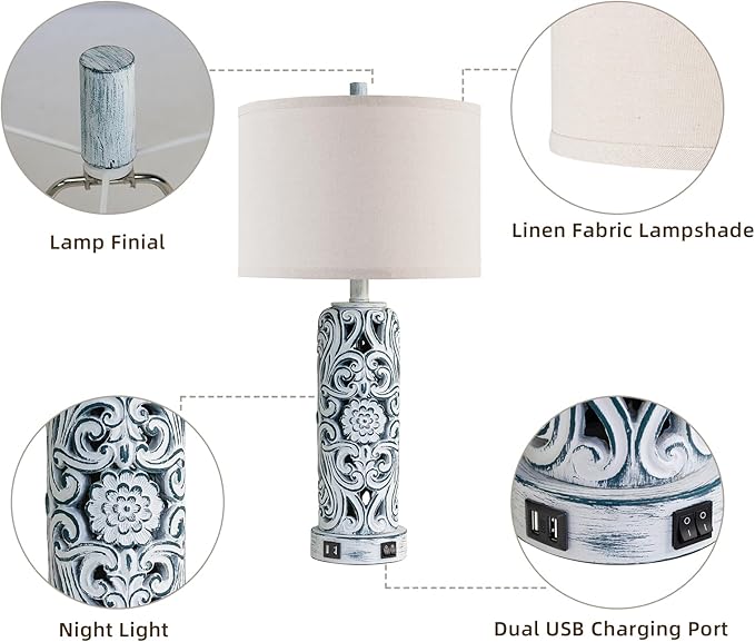 25'' Vintage Coastal Table Lamp Bedside Lamps Set of 2, Farmhouse Table Lamps with Dual USB Ports for Bedroom, Wash Blue Hollow Out Resin Lamp with Nightlight for End Table, 2 Bulbs Included - Bloomnest