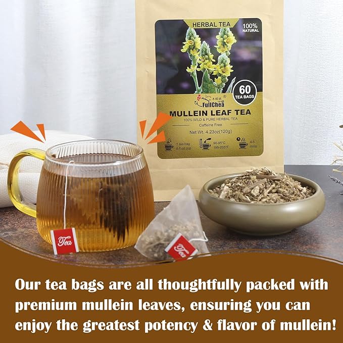 FullChea - Mullein Leaf Tea Bags, 60 Teabags, 2g/bag - Premium Dried Mullein Herbs For Detox & Respiratory Support - Non-GMO - Caffeine-free - Natural Healthy Herbal Tea - Bloomnest