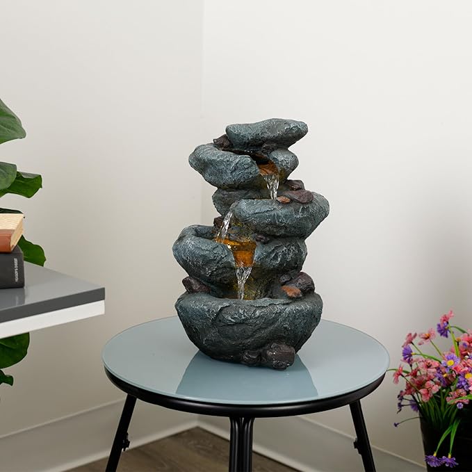Alpine Corporation TZL418 14" 3 Tier Rock Fountain with LED Lights, Elegant Cascading Water Feature for Tabletop, Indoor Decor, Relaxing Stone Waterfall for Home & Office, Gray - Bloomnest