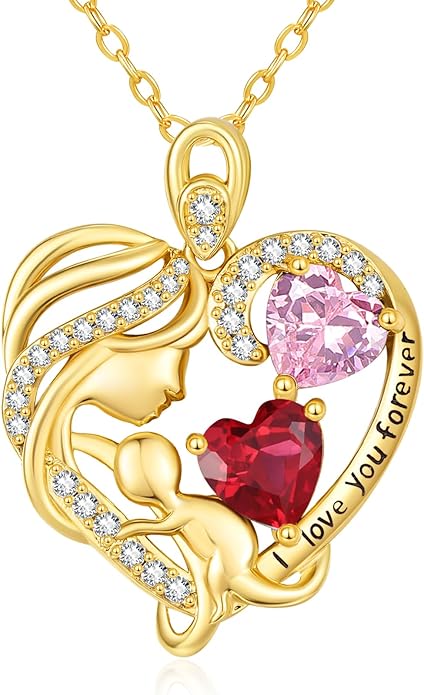 14K Gold Double Birthstone Heart Necklace for Women Mom, Mother Son/Daughter Pendant Necklace for Christmas Mother's Day Birthday Gifts for Wife Daughter Grandmom - Bloomnest