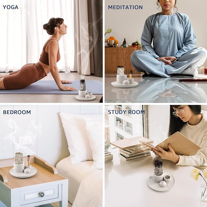 4 in 1 Ceramic Incense Holder, Palo Santo Stick Holder, Sage Holder for Burning, 5.2" Ash Catcher Tray for Meditation, Yoga & Home Decor (White)