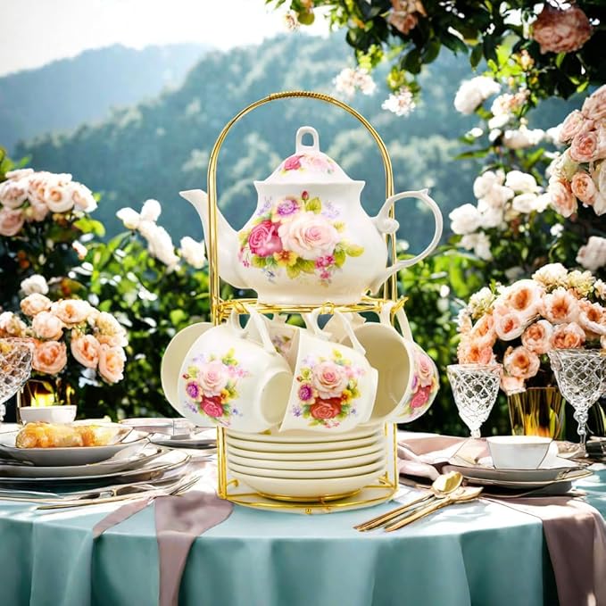 20-Pieces Porcelain Bone china Tea Sets,Gold Rim Coffee Set with Golden Metal Rack,Tea Gift Sets for Home&Party (008) - Bloomnest