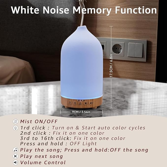 200ML White Noise Ceramic Diffuser,Sleep Sound Machine with 20 Natural Soothing Sounds, 7 Color Lights,Essential Oil Diffuser, Timer for Baby, Kids, Adults, Office, Home(Wood Grain) Upgrade - Bloomnest