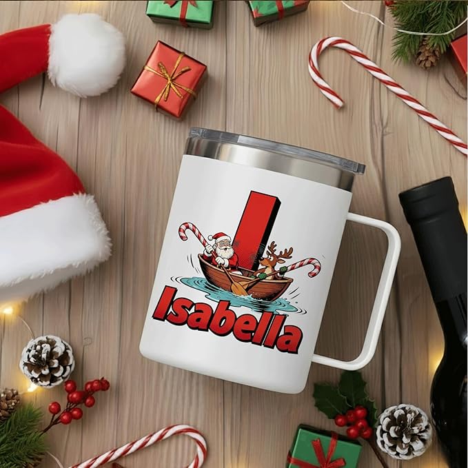 JugJug Personalized Christmas Mug with Initial & Name - Funny Rowing Santa & Reindeer 12oz Insulated Coffee Cup with Lid - Xmas Gifts for Kids, Boys (B156) - Bloomnest