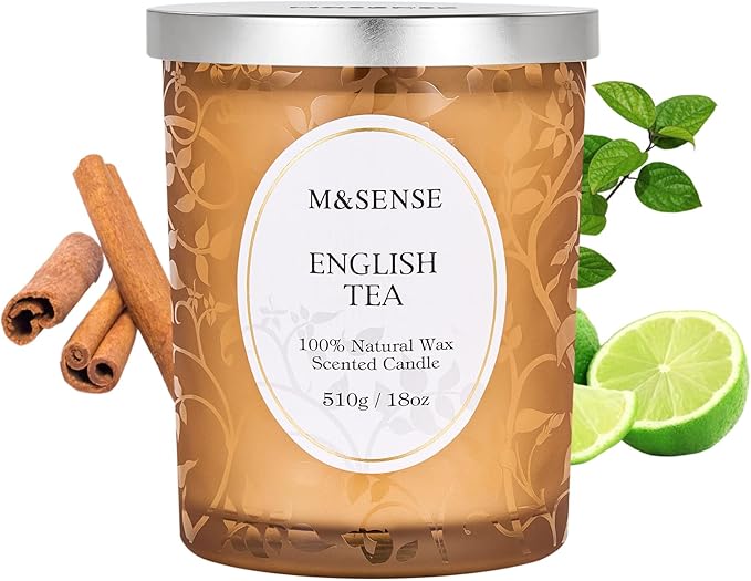 M&SENSE Earl Grey Tea Scented Candle, Cracking Wooden Wick Soy Wax, 18oz 100 Hours Long Lasting Clean Burn, Large Jar Candles for Home Decor, Non-Toxic Relaxing Aromatherapy Gifts for Women - Bloomnest