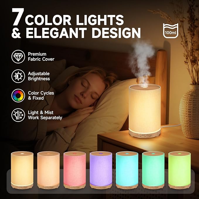 URPOWER 100ML Essential Oil Diffusers for Home with Linen Cover 7 Color Changing Lights, Timer & Auto-Off Scent Diffuser Oil Machine Humidifier Aromatherapy Air Diffusers for Bedroom, Office - Bloomnest