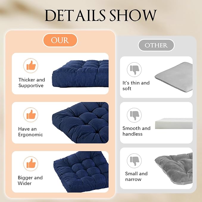 Meditation Floor Cushions, Thickened Floor Pillow for Adults, Large Square Pillows Seat Cushion for Tatami Living Room Yoga, Memory Sponge Block Added, 22x22 Inch, Drak Blue