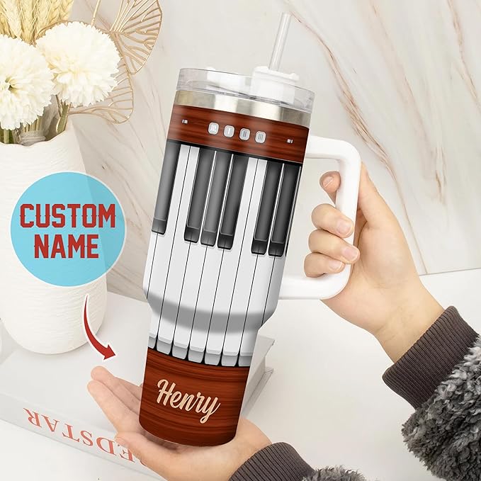 WAZONE Personalized Piano Key Tumbler Cup With Handle and Straw 40oz Custom Name Insulated Tumblers Double Wall Vacuum Birthday Christmas Gifts For Pianist Piano Lover Musician Music Teacher - Bloomnest