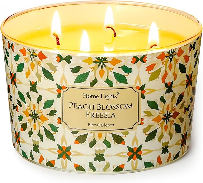 HomeLights Soy Wax Candles for Home Scented, 4-Wick Candles in Peach Blossom Freesia Scented, Aromatherapy Candles Gift for Parties, Relaxing, Bohemian Natural Textures, 18oz - Bloomnest