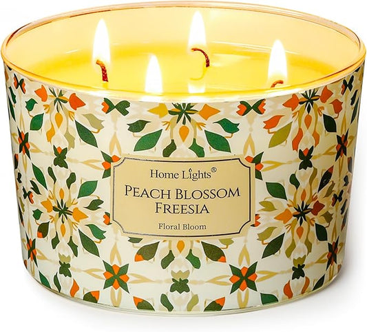 HomeLights Soy Wax Candles for Home Scented, 4-Wick Candles in Peach Blossom Freesia Scented, Aromatherapy Candles Gift for Parties, Relaxing, Bohemian Natural Textures, 18oz - Bloomnest