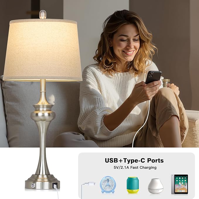 30" Silver Table Lamps Set of 2, 3 Way Touch Control Living Room Lamp with USB A+C Ports, Modern Brushed Nickel Bedroom Lamps, Tall Metal Bedside Lamp for Nightstand Desk Side Table Office - Bloomnest