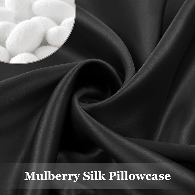 Adubor Silk Pillowcase 2 Pack for Hair and Skin with Hidden Zipper, Both Sides 23 Momme Silk Pillow Case (Black, Standard: 20''x26'') - Bloomnest