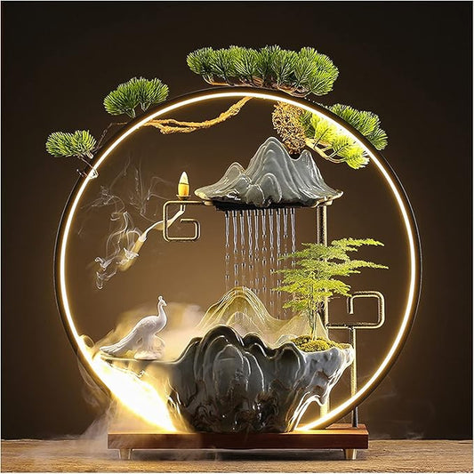 Peacock Tabletop Water Fountains Indoor Waterfall with LED Light Zen Decor for Meditation with Mist Japanese Decor with Fake Plants Feng Shui Decor for Good Luck Wealth - Bloomnest