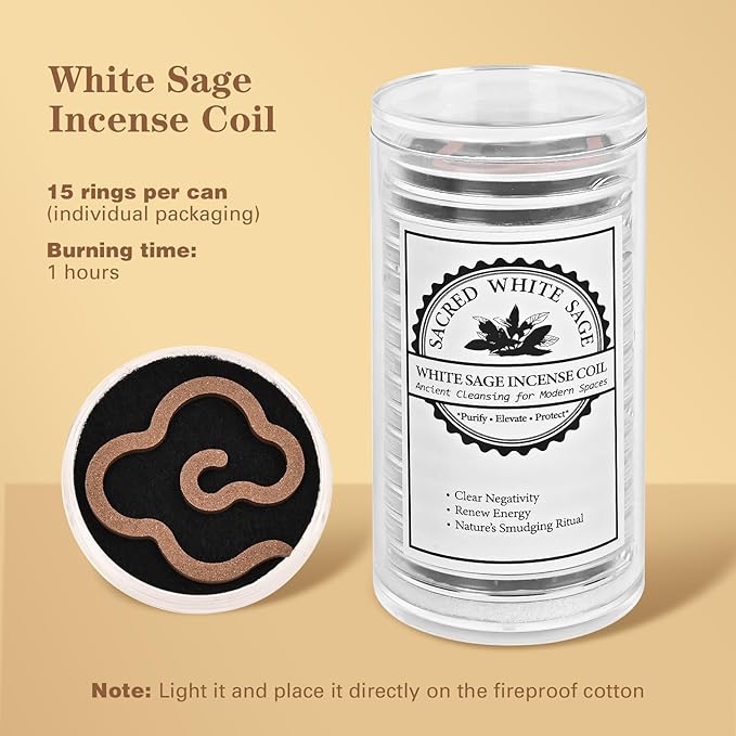 White Sage Incense Coil - 100% Natural - White Sage Ancient Cleansing for Modern Spaces(Contains 15 Pcs) FOUCILO