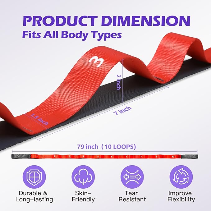 ROSAPOAR Stretching Strap with Loops - Non Elastic Yoga Straps for Physical Therapy, Durable Stretch Bands for Exercise, Flexibility Training, Hamstring & Leg Stretcher, Yoga/Pilates/Gymnastics - Bloomnest