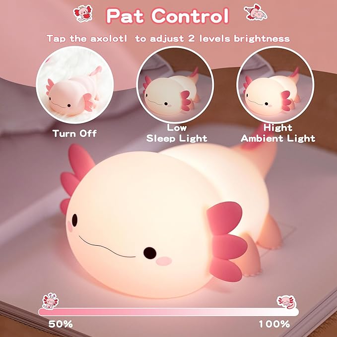 Axolotl Lamp,Cute Axolotl Night Light,Dimmable Silicone Animal Nursery Night Light,Adorable Rechargeable Squishy Novelty Bedside Touch Lamp,Baby Room Decor, Axolotl Gifts for Kids/Girls - Bloomnest