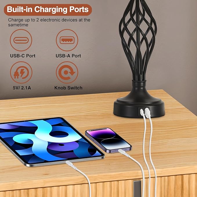 Table Lamp for Bedroom Set of 2 with USB C+A Ports, Modern Bedside Lamps with Spiral Cage Base, Fabric Shade, Nightstand Lamp for Living Room Reading Bed Side End Table, 2 LED Bulbs Included Black - Bloomnest