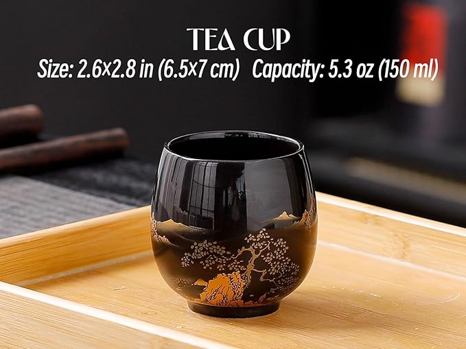 Traditional Japanese tea set, Japanese teapot set, Asian Black glazed tea set with 1 Teapot, 6 Tea cups, 1 Tea strainer, 1 Tea tray (Landscape Black) - Bloomnest