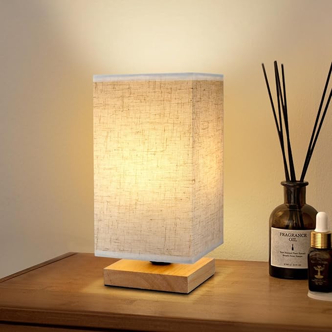 Small Square Bedside Table Lamp for Bedroom, Minimalist Wood Base & Round Fabric Shade, Mini Cute Cozy Warm Nightstand Boho Lamp, Study Desk Night Stand Light for Room, Dorm, Nursery, Living Room - Bloomnest