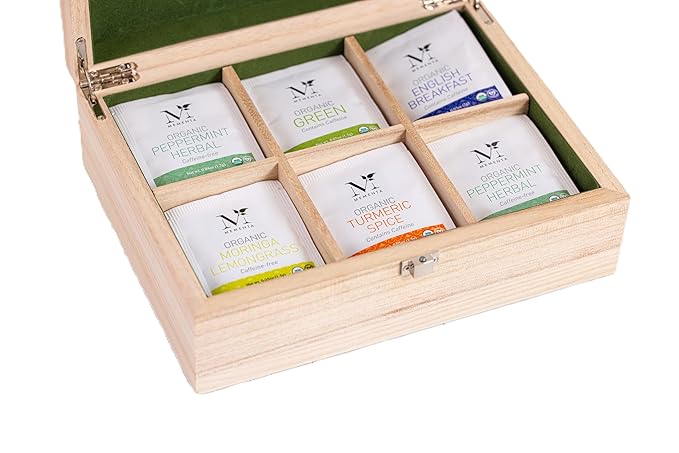Mementa Inc Organic Wooden Tea Chest - 60 Tea Bags Individually Wrapped : Assorted Tea Variety Pack containing Black, Green, and Herbal caffeine-free teas : Tea Sampler Tea Set - Bloomnest