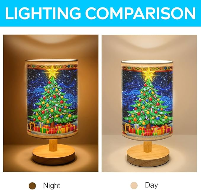 Christmas Tree Table Lamp LED 3-Color Pressed Bedside for Merry Christmas, Christmas Tree Shade Christmas Table Lamp with Wood Base for Bedroom Living Room Desk Office - Bloomnest
