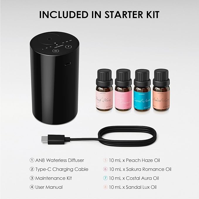 Airversa Waterless Essential Oil Diffuser Starter Kit with 4 x 10mL Fragrance Oil, Battery Operated Mini Scent Air Machine Portable Diffuser for Home Car Office, AN8 Kit2 Black - Bloomnest