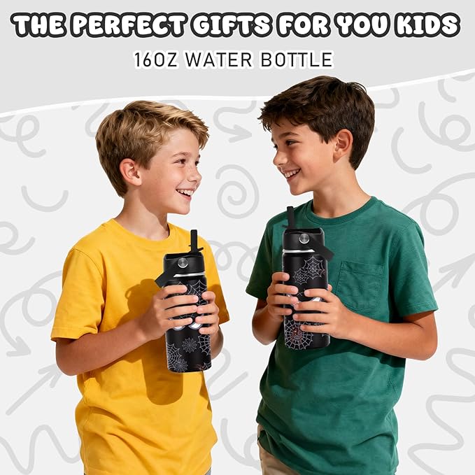Spiderman Water Bottle for Boys, 16oz Kids Stainless Steel Insulated Water Bottle with Straw Lid, Spider Cup Tumbler Gifts for Kids Teen Boys Men - Bloomnest