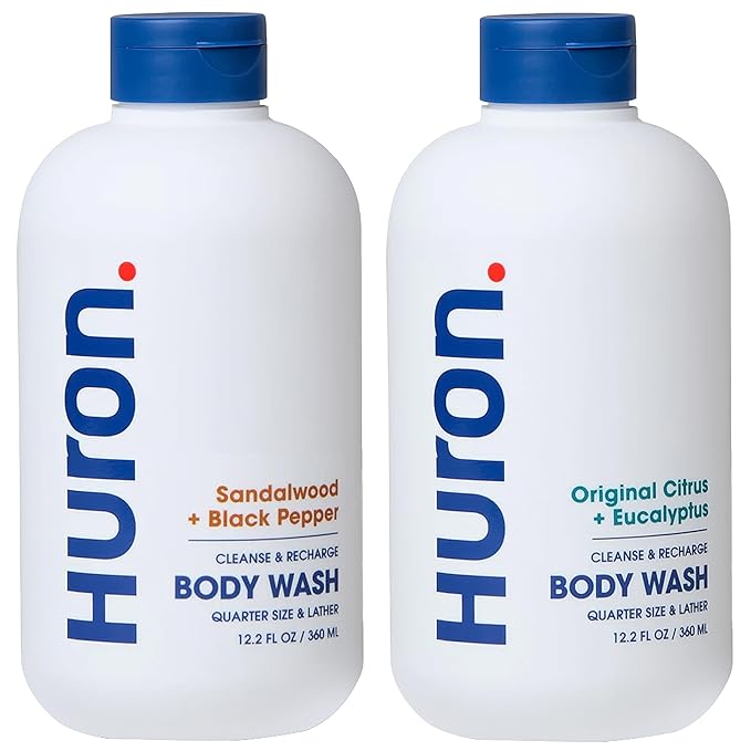 Huron Body Wash Scent Duo - Citrus + Eucalyptus & Sandalwood + Black Pepper Scents - Men’s Body Wash - Made With Coconut Oil, Vitamin E & Witch Hazel - Vegan, Cruelty-Free - 2 Pack, 12.2 fl oz - Bloomnest