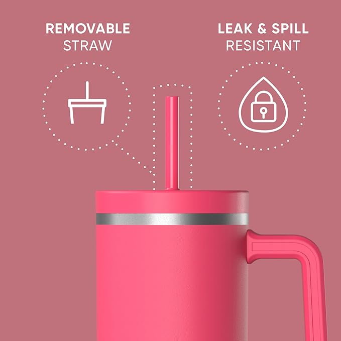 Hydrapeak Voyager 40 Oz Stainless Steel Tumbler with Handle, Insulated Water Bottle With Straw & Lid, Cupholder Friendly Reusable Travel Mug (Hot Pink) - Bloomnest