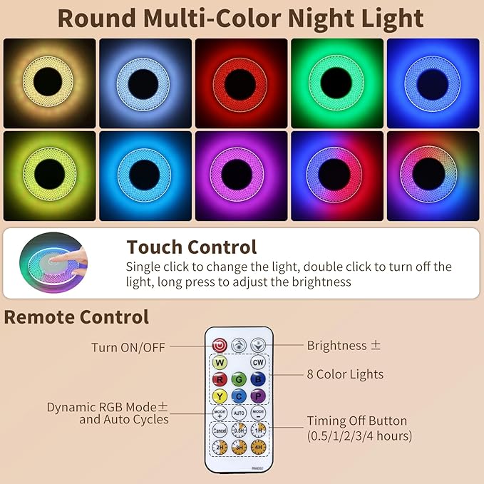 Kintion Round Night Light, Portable LED Night Light with RGB Mode, Rechargeable Dimmable Soft Warm Light for Bedside,Timer & Touch Control,for Kids, Nursery Room, Bedroom, 1Pcs - Bloomnest