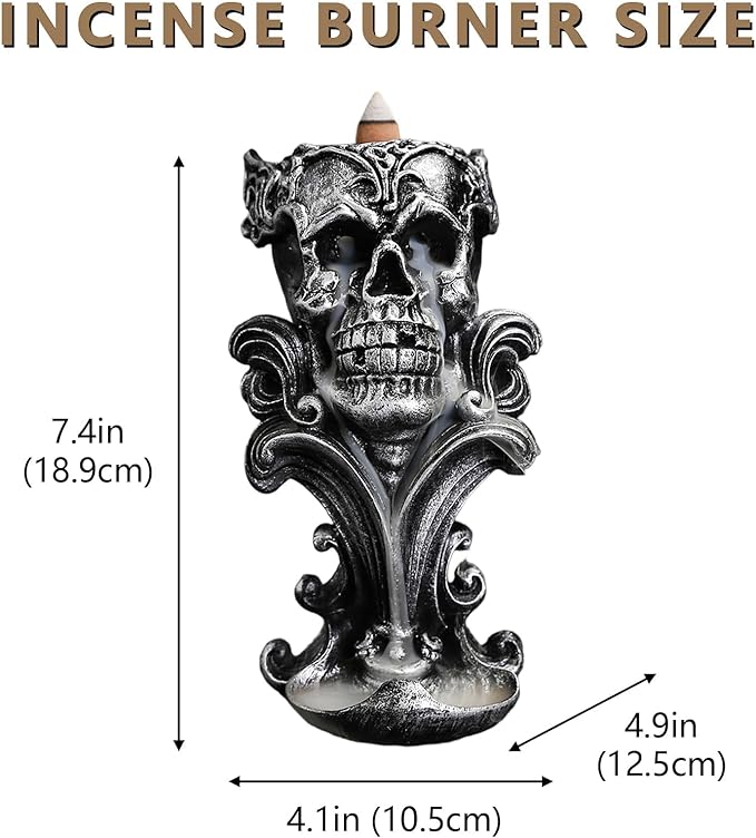 Comeon Backflow Incense Holder Burner Resin Skull Incense Burner Waterfall Incense Burner Home Decor + 20 Backflow Incense Cones + 30 Incense Sticks +1 Tweezer +1 Mat（Metallic Silver） - Bloomnest