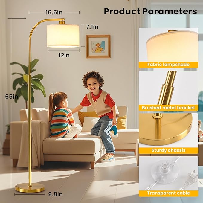 Tall Floor Lamp for Living Room,65'' Modern Standing Lamps with 9W LED Bulb,Dimmable Floor Light with Fabric Shade,Gold Tall Lamp for Bedroom Office Study Room Corner Dining Room - Bloomnest