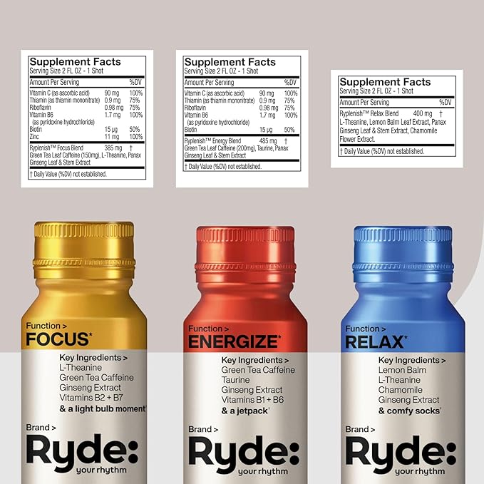 RYDE: Discovery Pack | Energize, Focus & Relax Shots | Green Tea Caffeine, Taurine, Ginseng, B Vitamins, L-Theanine, Lemon Balm, Chamomile | 0 Calories, 0 Sugar | Variety Pack – Try Them All (6 Pack) - Bloomnest